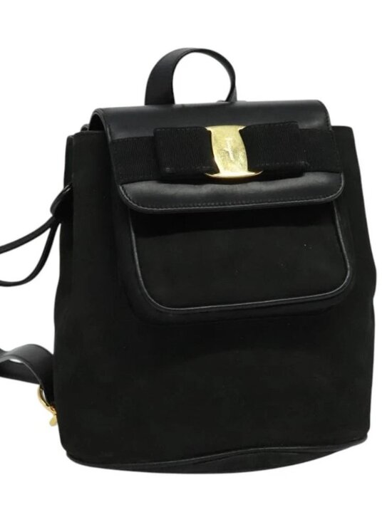 Salvatore Ferragamo Vala Vala Backpack Suede Black Gold Auth 133755 main image 10